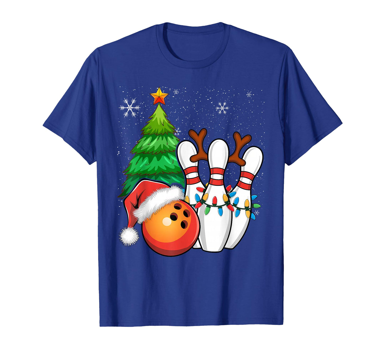 Ball Antlers Christmas Bowling Pins Santa Hat T-Shirt