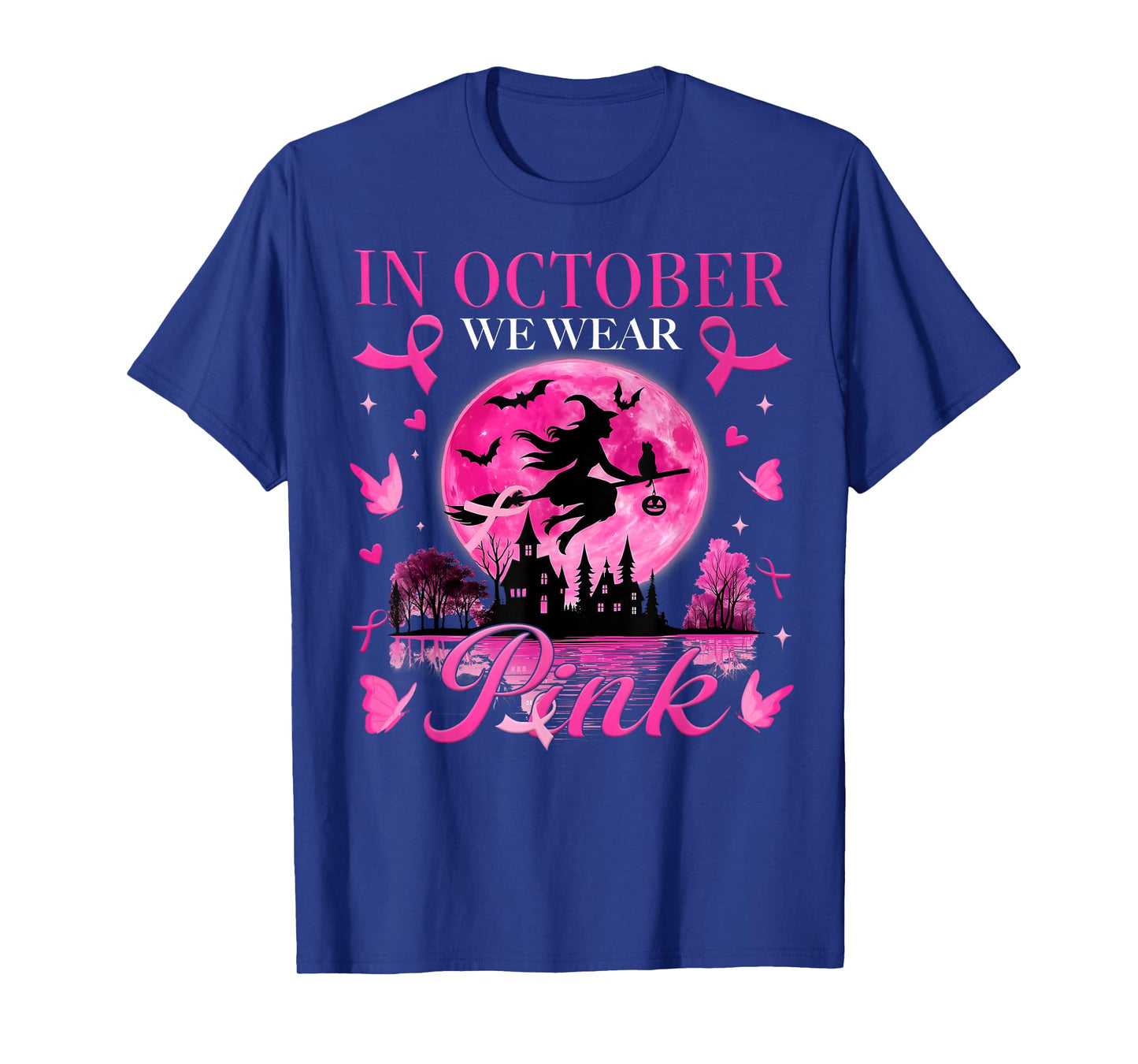 in October We Wear Pink Ribbon Witch Halloween Breast Cancer T-Shirt