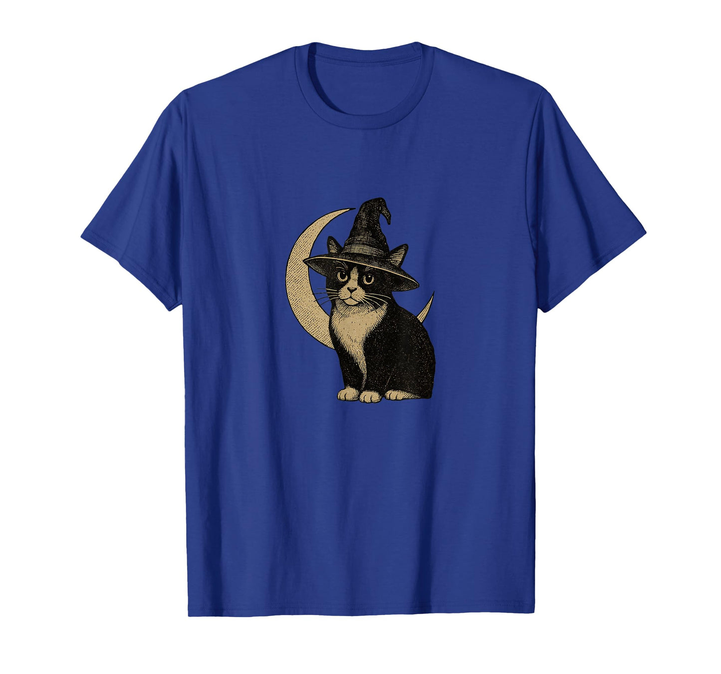 Black White Tuxedo Cat Witch Halloween Crescent Moon Design T-Shirt