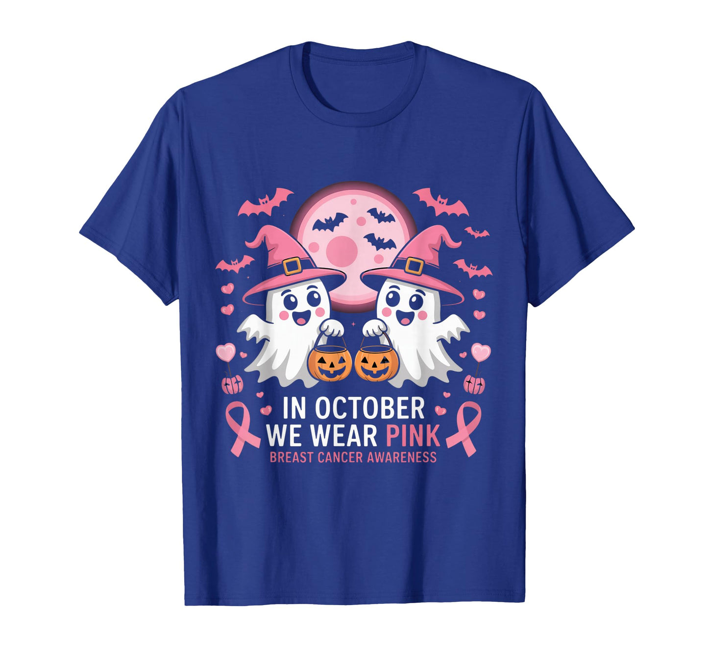 in October We Wear Pink Ghost Witch Breast Cancer Awareness T-Shirt