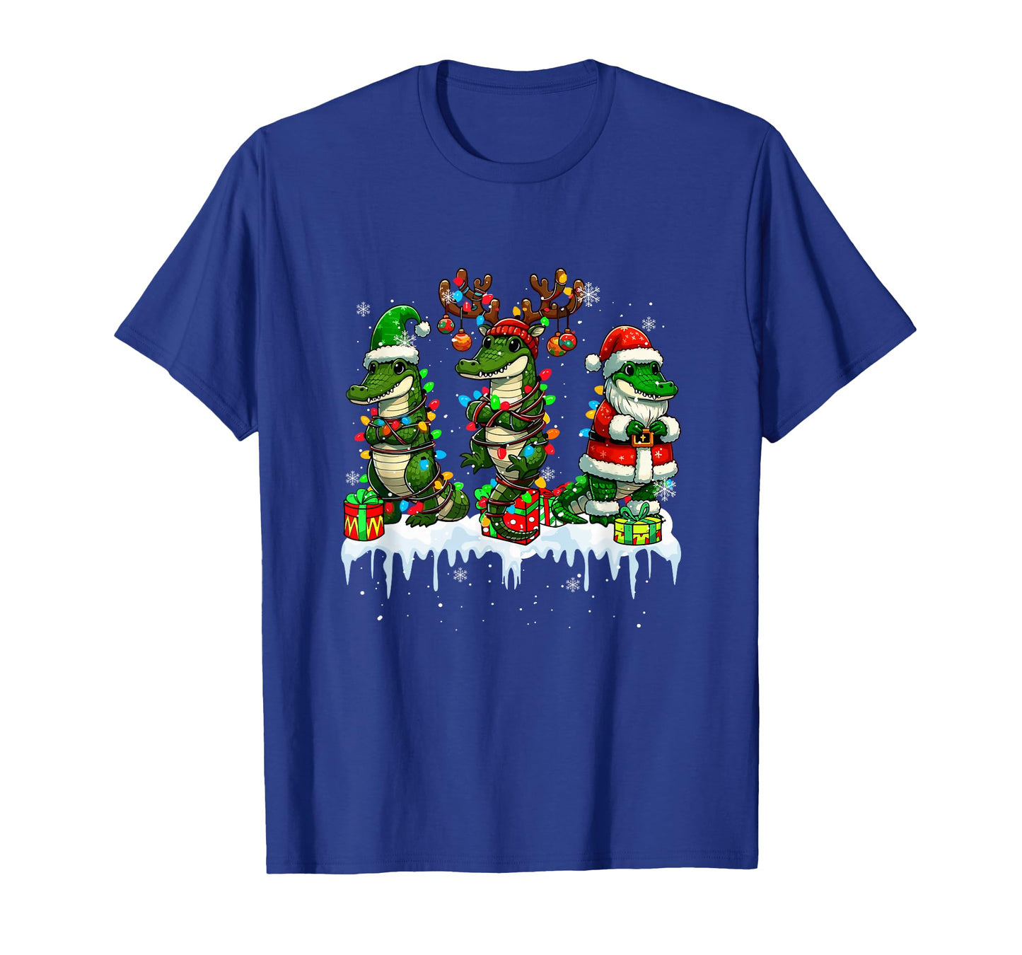 Three Santa Reindeer Elf Crocodiles Xmas Colorful Lights T-Shirt