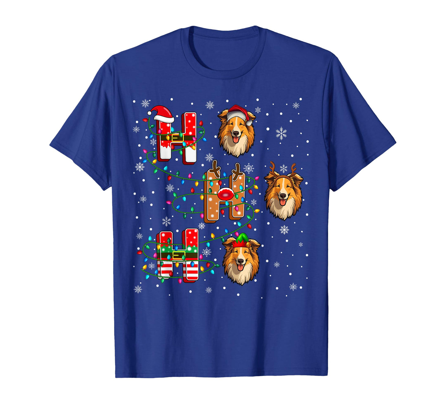 Ho Ho Ho Santa Reindeer Elf Matching Rough Collie Dog Xmas T-Shirt