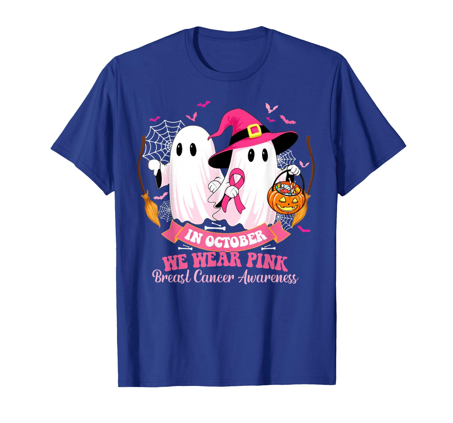 in October We Wear Pink Ghost Witch Breast Cancer Awareness T-Shirt