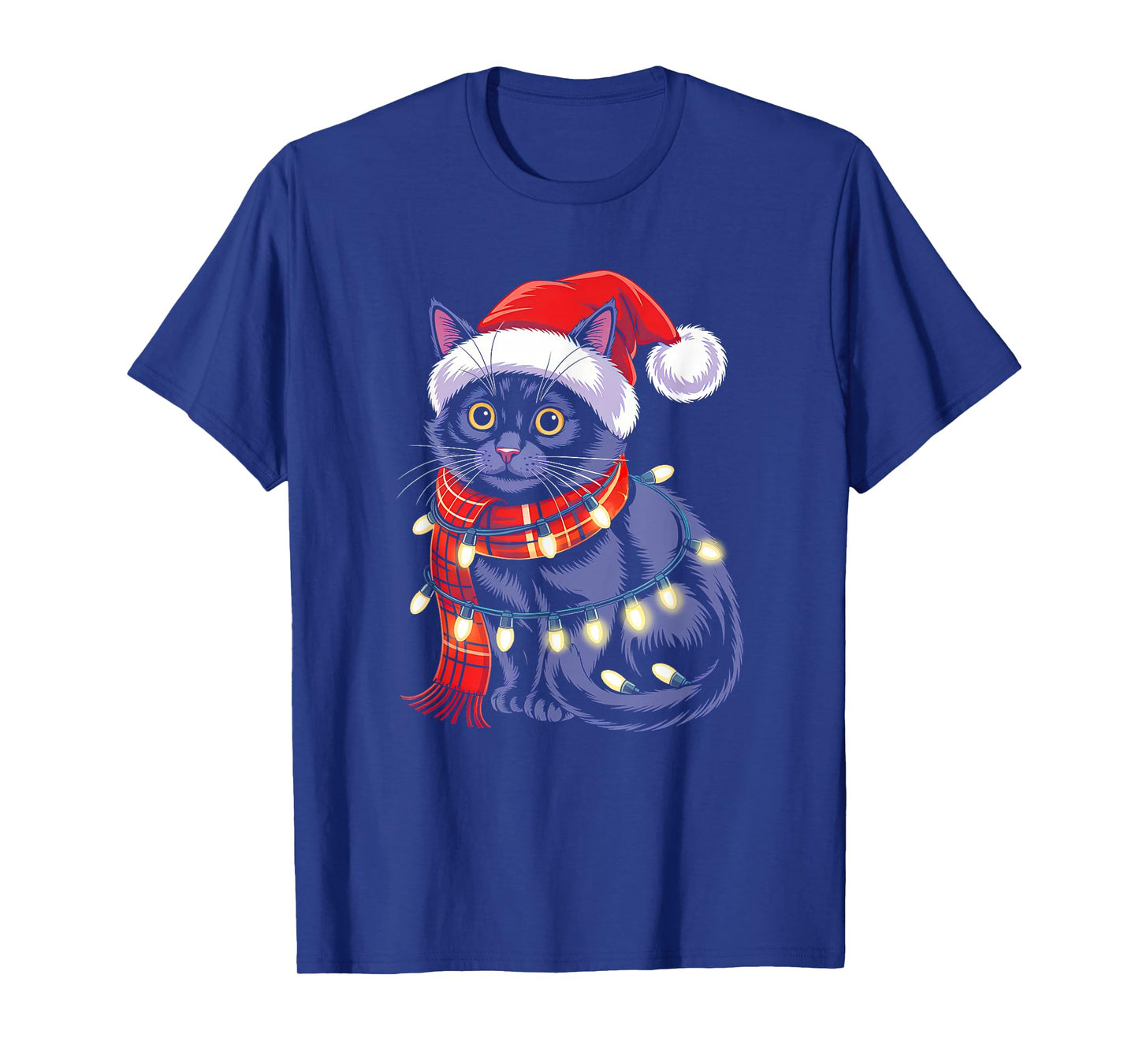 Black Cat Christmas Lights Red Santa Hat Family Xmas Pajamas T-Shirt