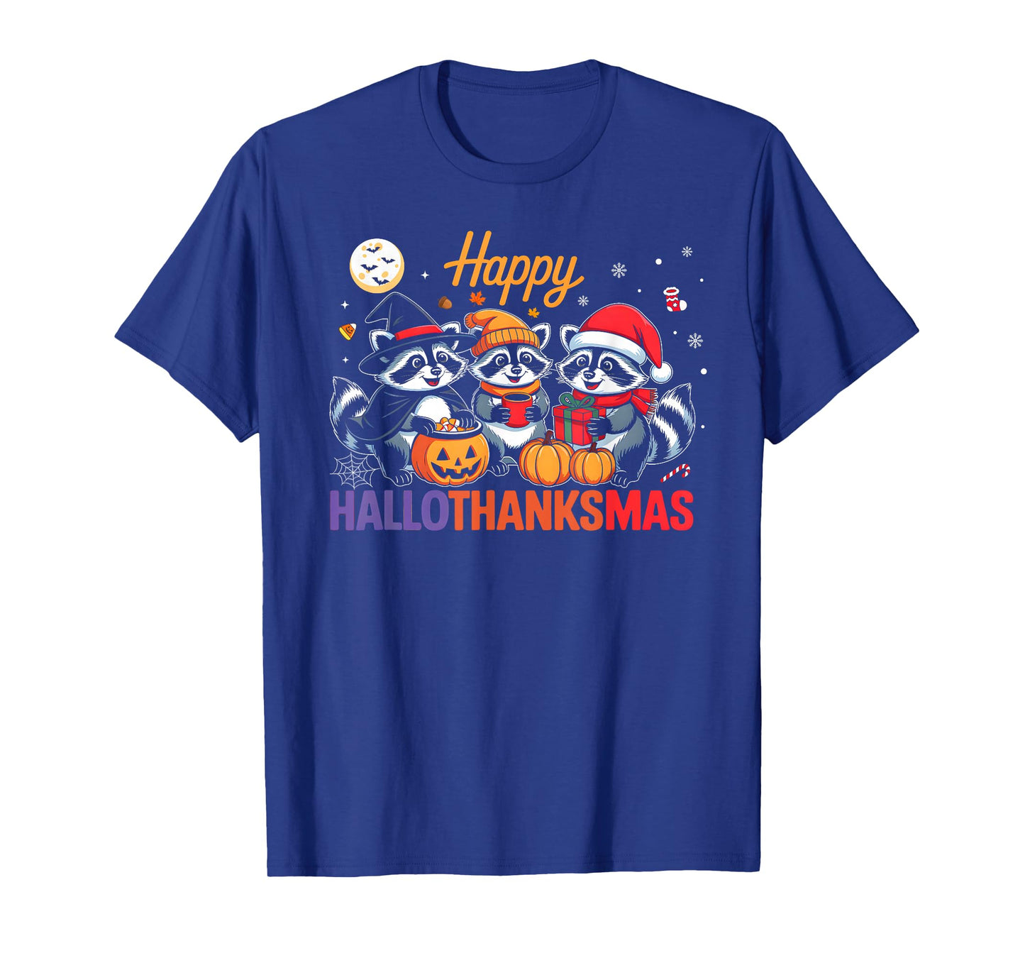 Happy HalloThanksMas Raccon Halloween Thanksgiving Christmas T-Shirt