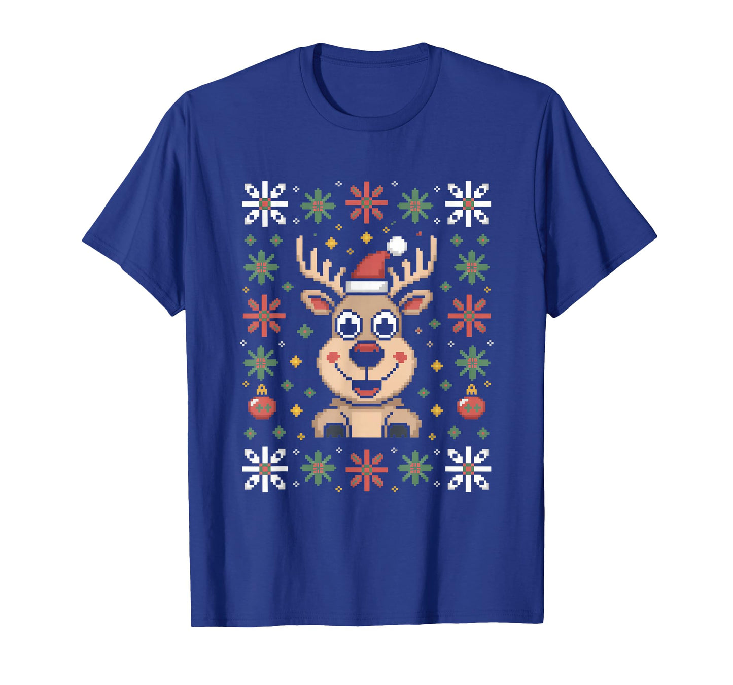 Cute Reindeer Ugly Christmas Sweater Pixel Santa T-Shirt