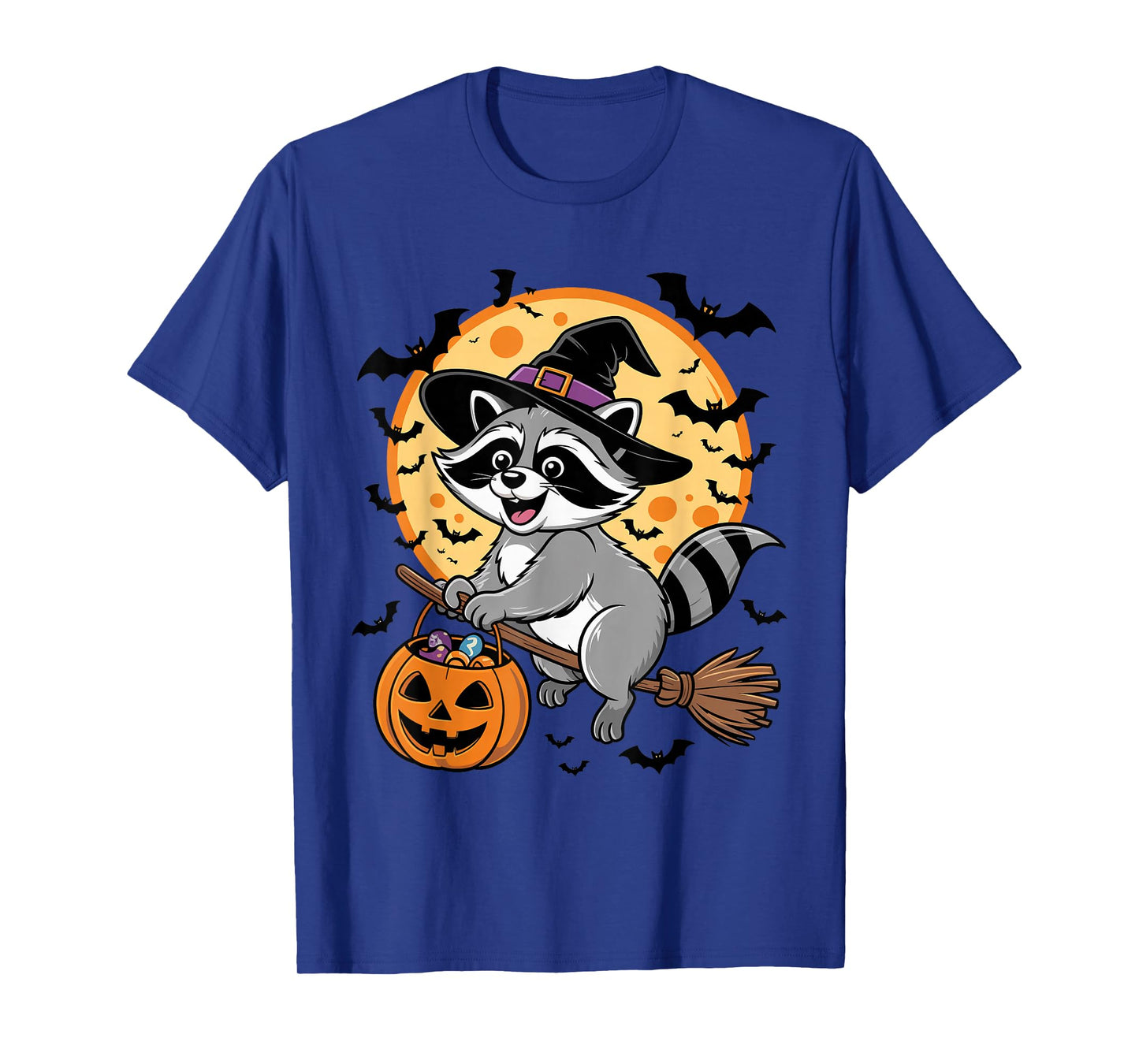 Cute Raccoon Witch Riding Broom Halloween Pumpkin Kids Boys T-Shirt