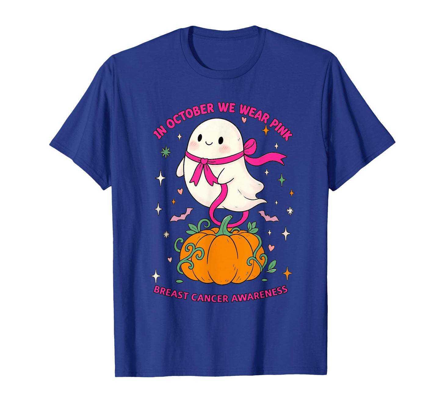 in October We Wear Pink Ghost Witch Breast Cancer Awareness T-Shirt