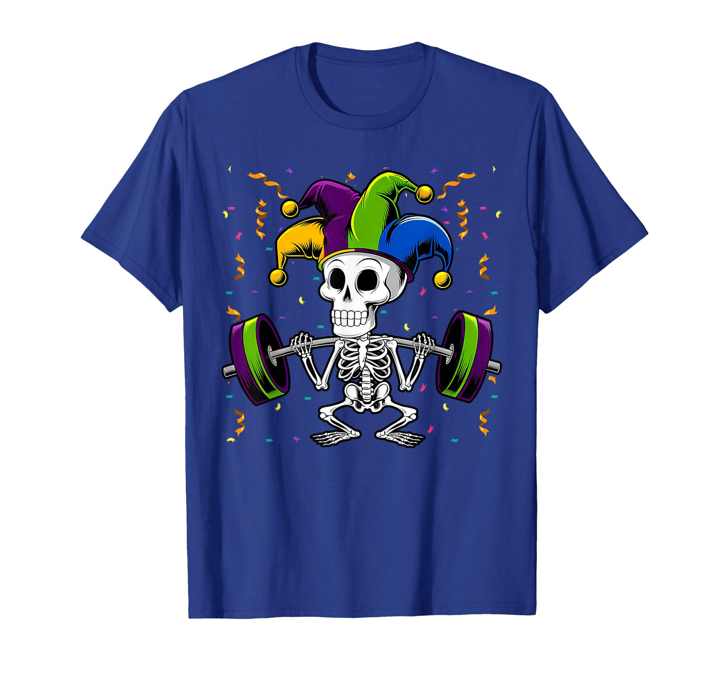 Jester Skeleton Deadlift Mardi Gras Gym Weight-Lifting T-Shirt