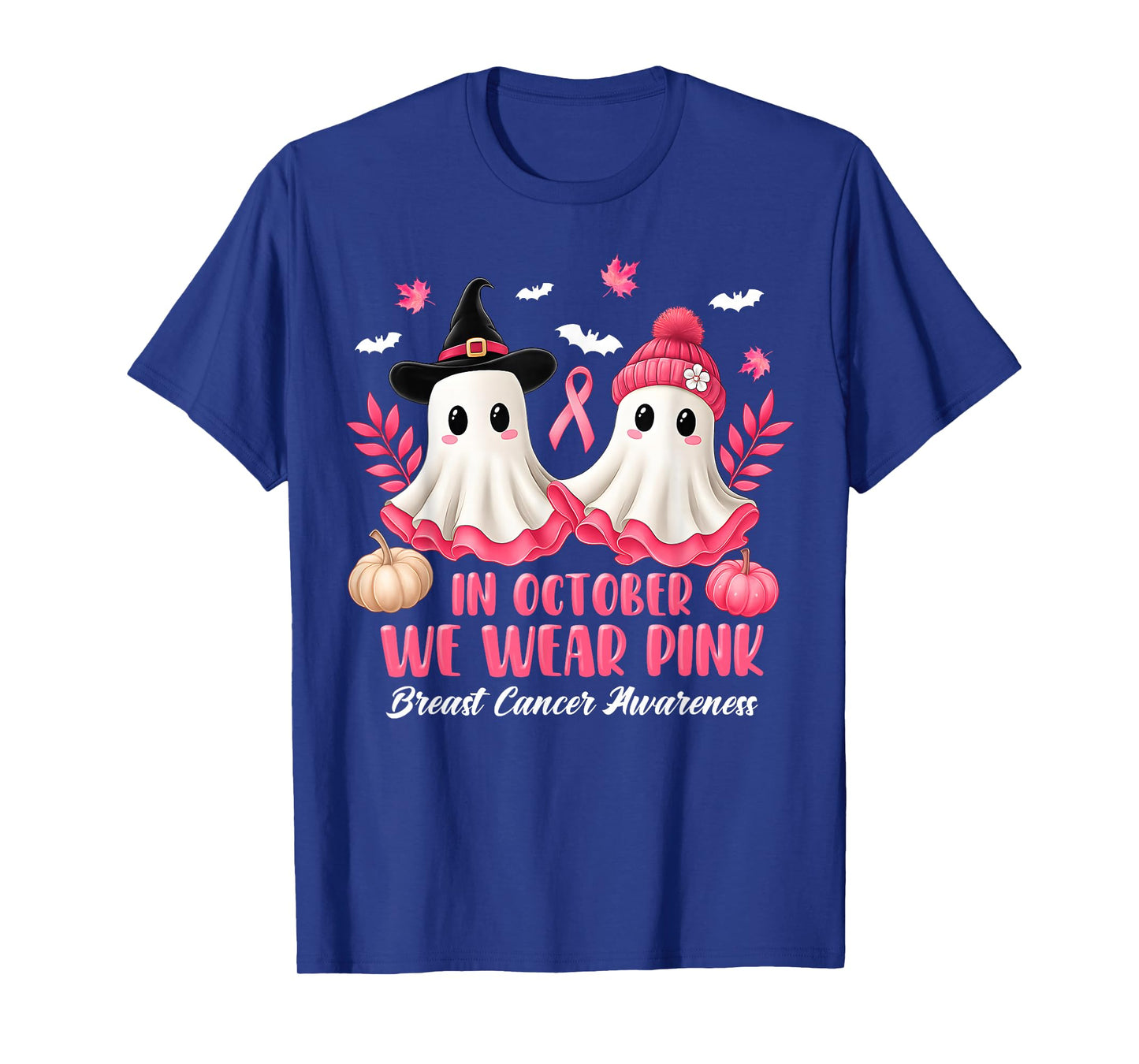 in October We Wear Pink Ghost Witch Breast Cancer Awareness T-Shirt