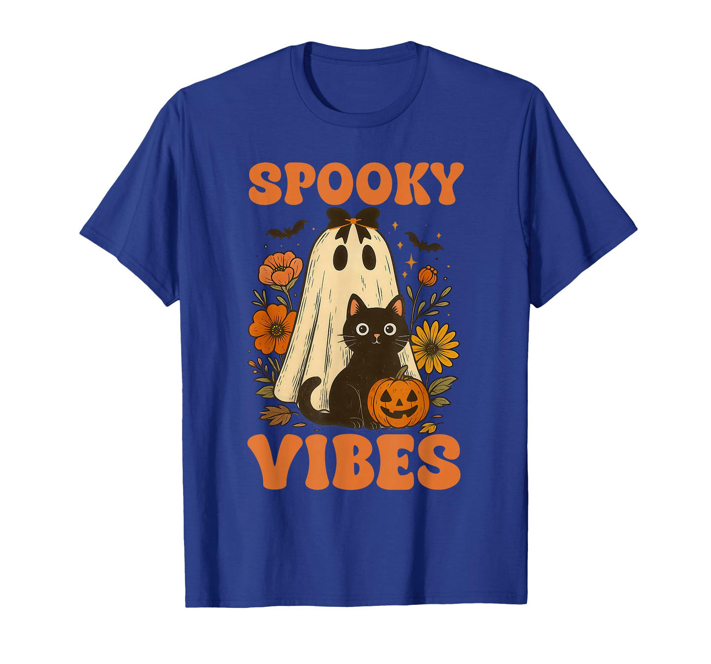 Vintage Halloween Ghost Holding Black Cat Groovy Floral T-Shirt