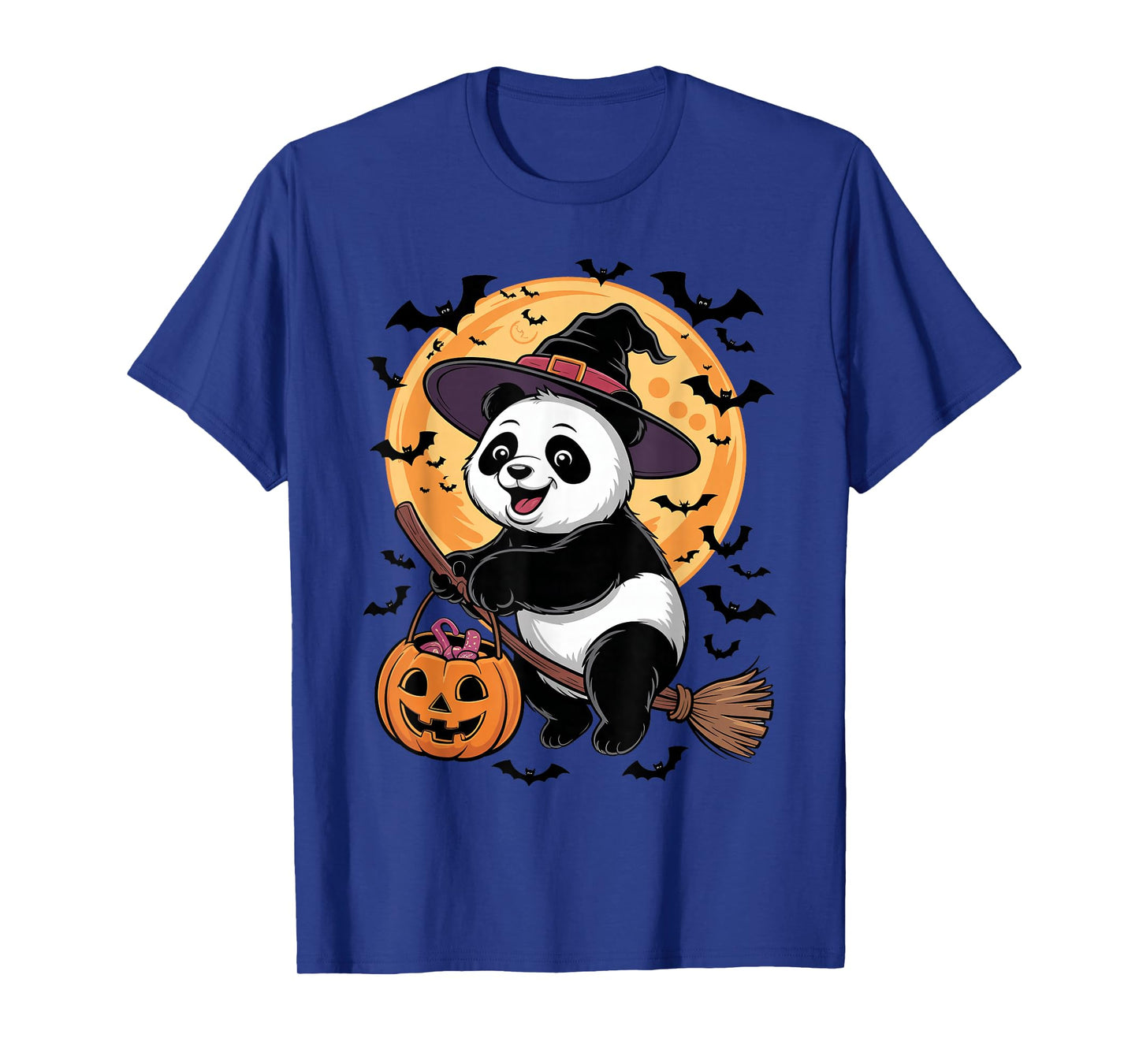 Panda in Witch Hat on a Broom Halloween Spooky Costume T-Shirt