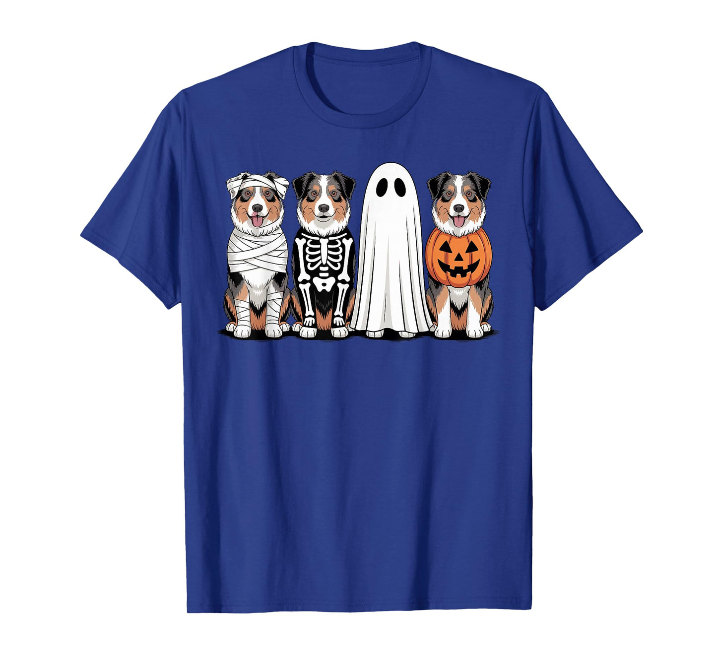 Spooky Ghost Australian Shepherd Pumpkin Halloween Skeleton T-Shirt