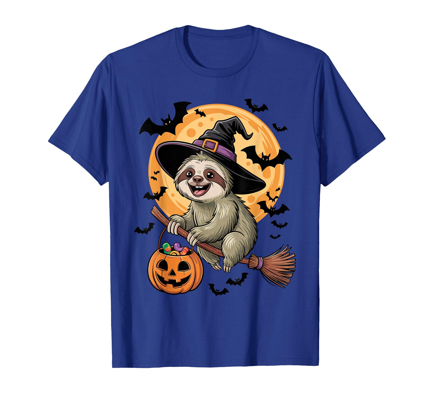 Sloth in Witch Hat on a Broom Halloween Spooky Costume T-Shirt