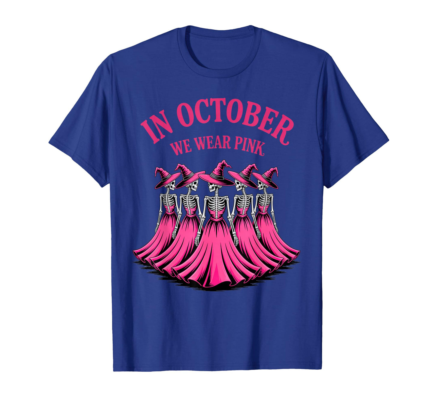in October We Wear Pink Spooky Skeleton Halloween Vibes T-Shirt