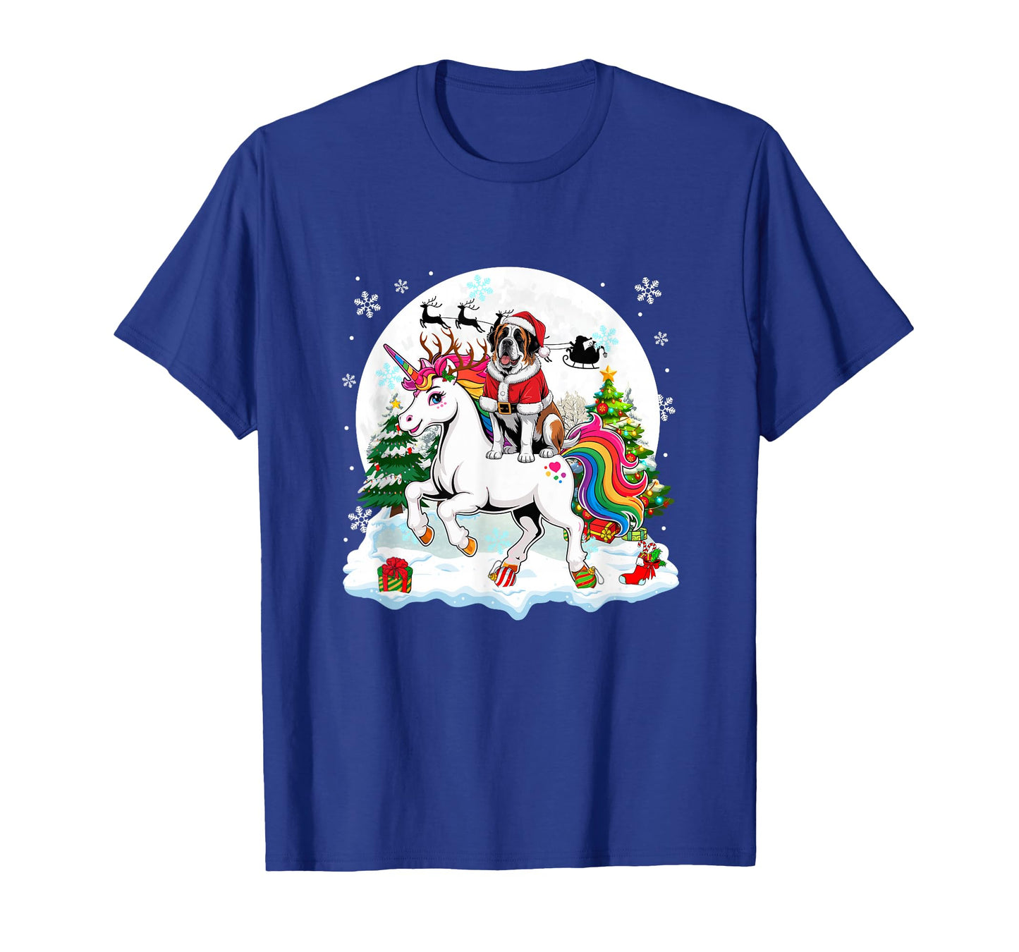 Santa St. Bernard Riding Unicorn Reindeer Christmas Owner T-Shirt