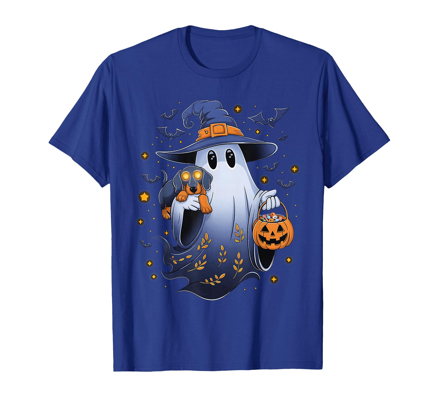 Ghost Witch Holding Dachshund Dog Pumpkins Vintage Halloween T-Shirt