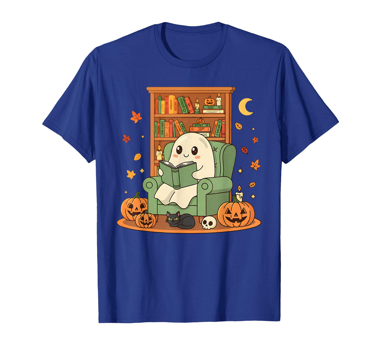 Ghost Library Reading Books Halloween Men Women Kids T-Shirt