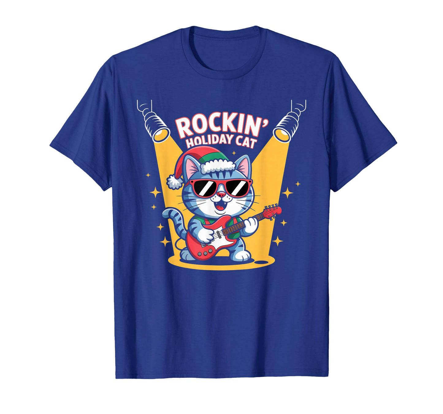 Christmas Santa Hat Cat Playing Guitar Rock and Roll T-Shirt