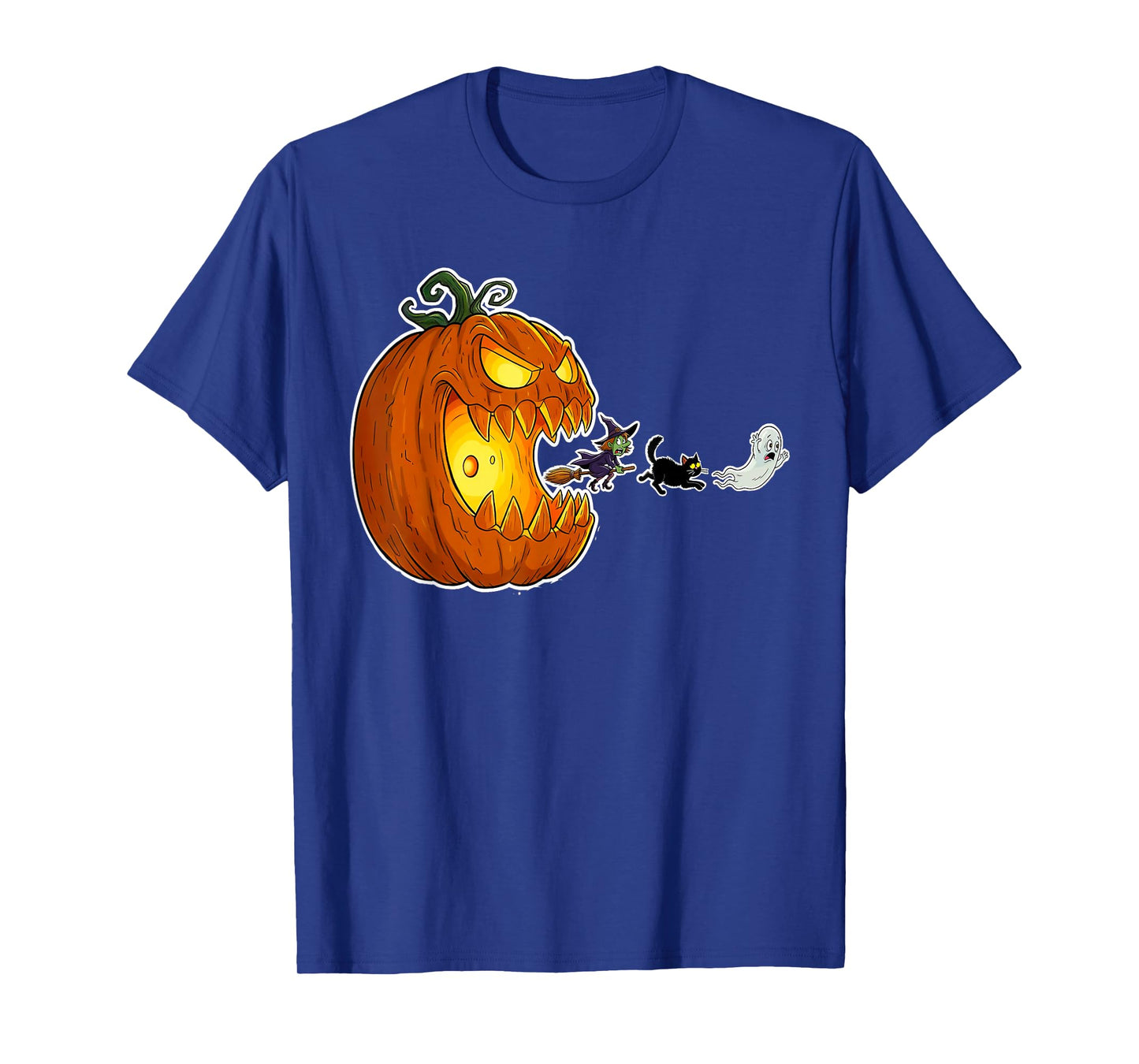 Halloween Jack O Pumpkin Chasing Ghost Cat Broomstick Chick T-Shirt