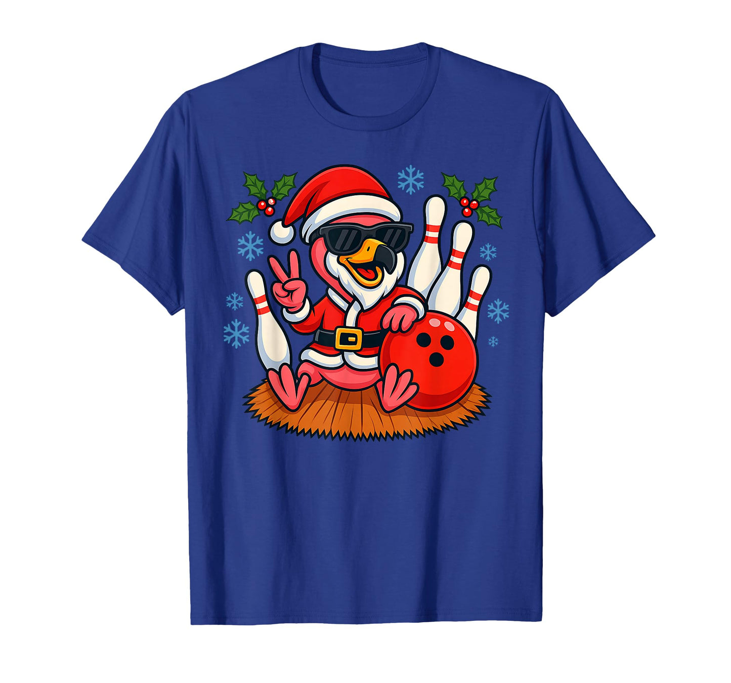 Cute Santa Flamingo Bowling Christmas Funny Holiday Vibes T-Shirt