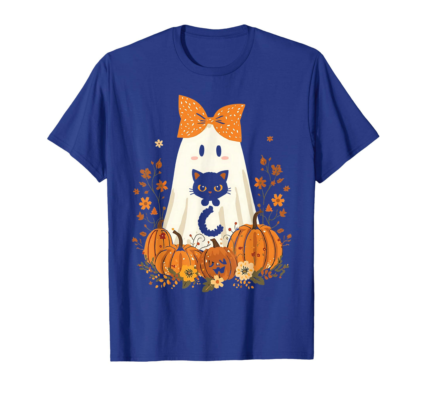Vintage Halloween Ghost Holding Cat Groovy Floral Cat Meme T-Shirt