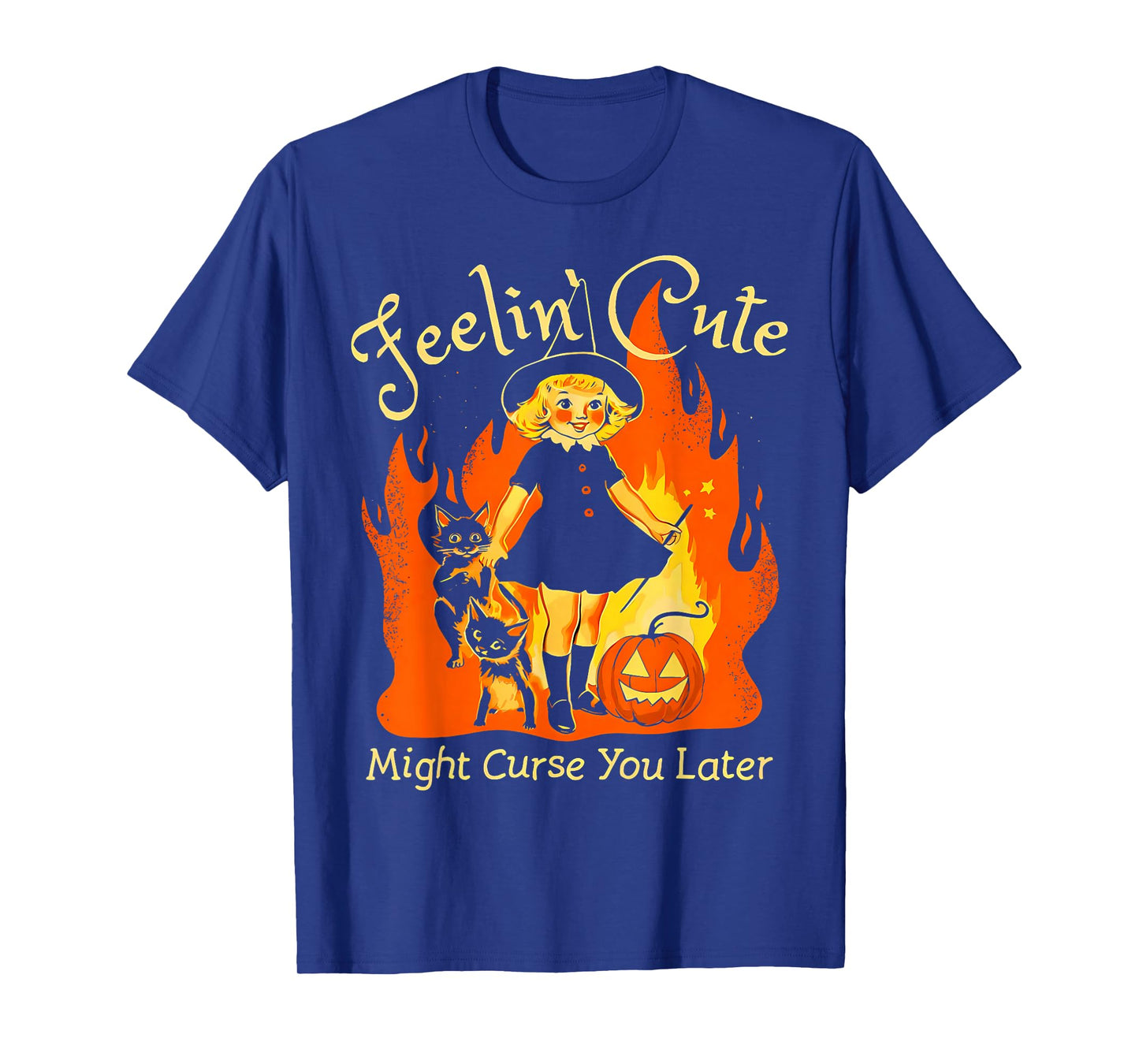 Feelin Cute Might Curse You Later Retro Witch Cat Halloween T-Shirt