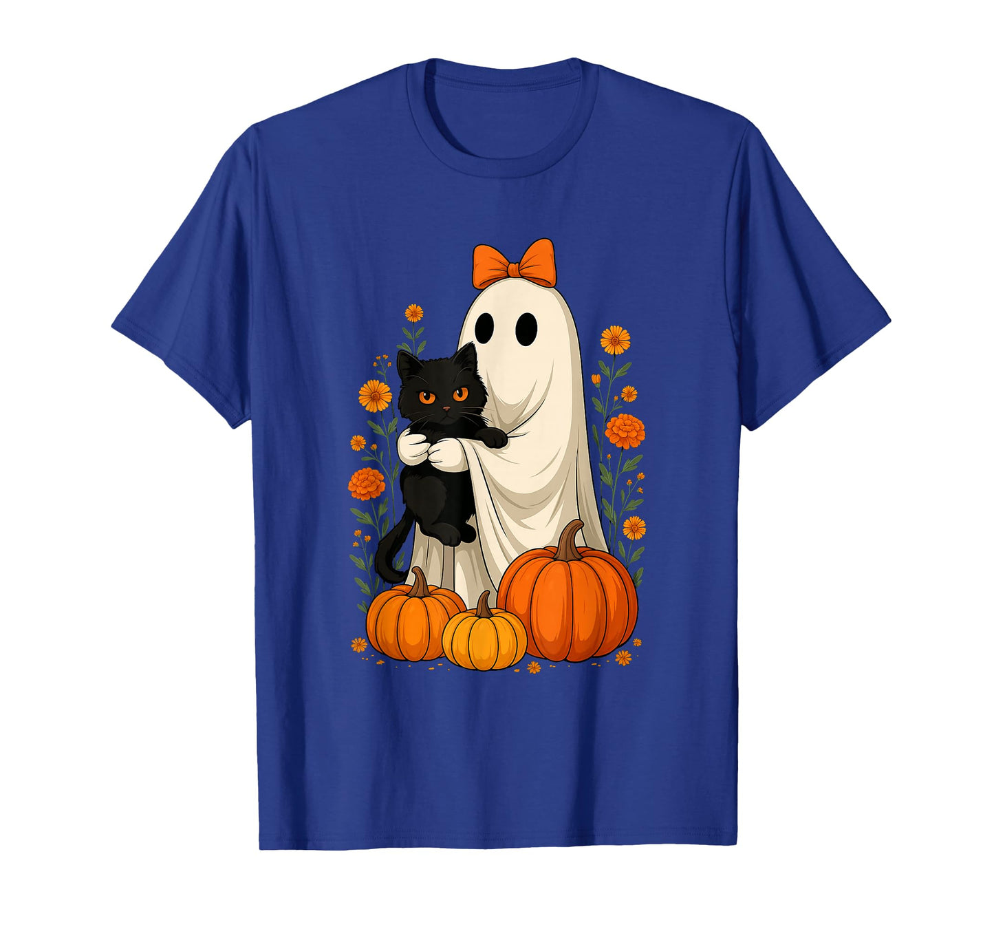 Halloween Ghost Holding Black Cat Groovy Floral Pumpkin T-Shirt