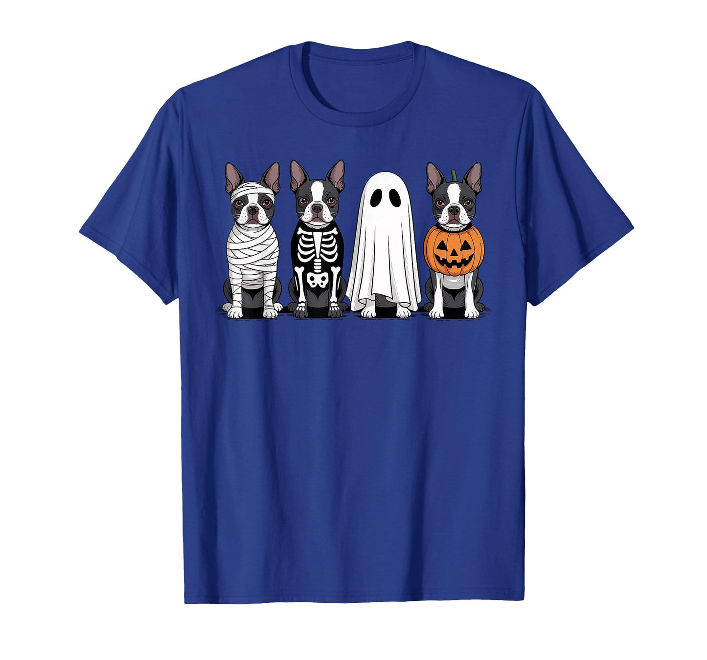 Spooky Ghost Boston Terrier Pumpkin Halloween Dog Skeleton T-Shirt