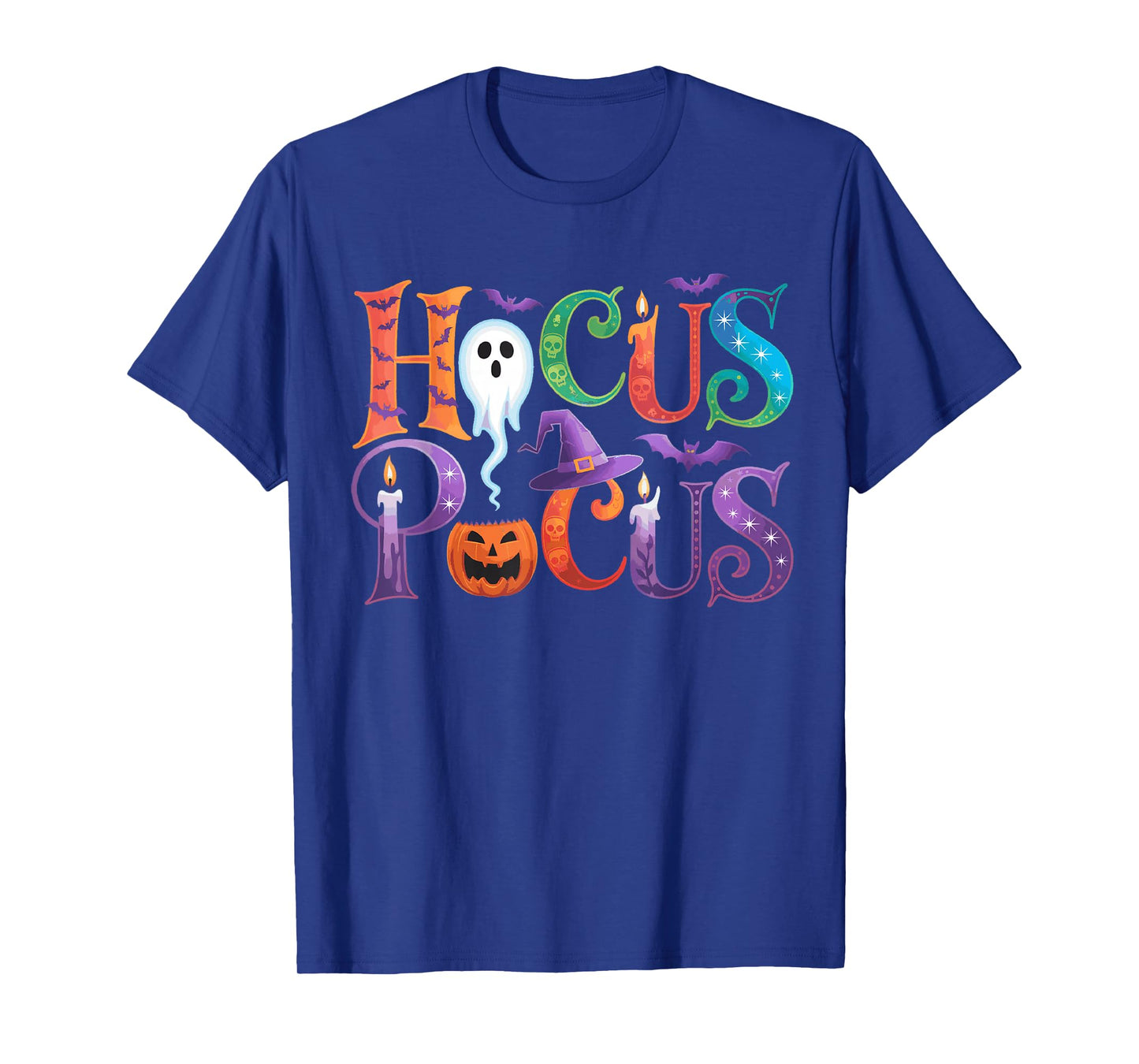 Hocus Pocus Halloween Typeface Ghostly Bats Candles Pumpkin T-Shirt