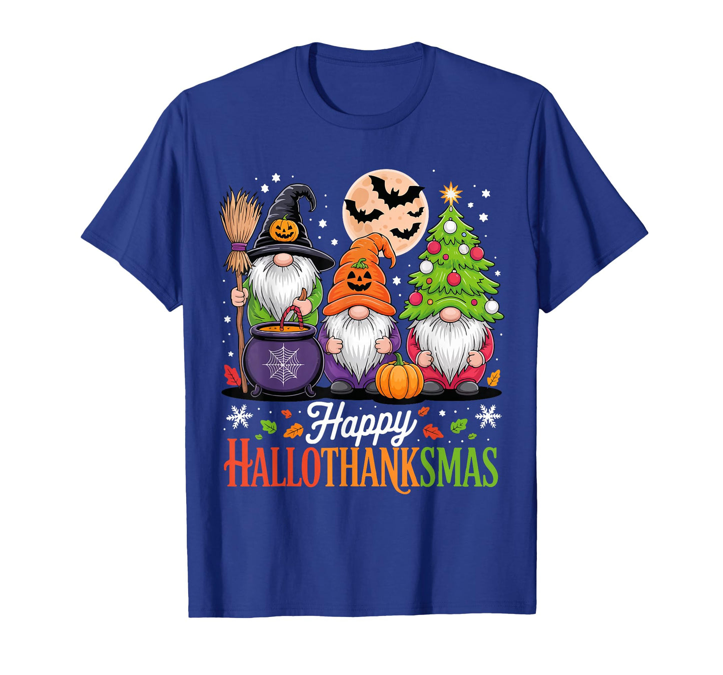 Happy HalloThanksMas Gnomes Halloween Thanksgiving Christmas T-Shirt