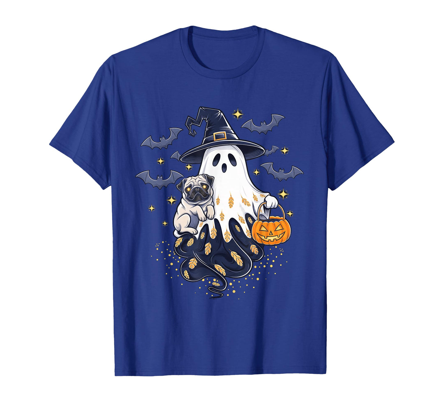 Funny Ghost Witch Holding Pug Pumpkins Vintage Halloween T-Shirt