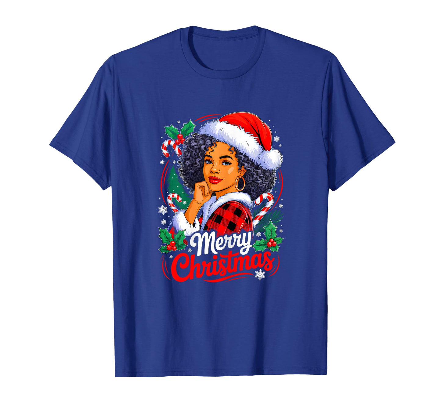 Merry Christmas Black African Girl Santa Hat Xmas Pajamas T-Shirt