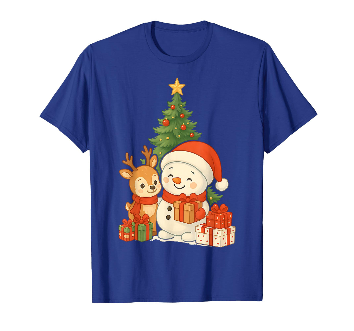 Cute Christmas Snowman and Reindeer with Xmas Tree T-Shirt