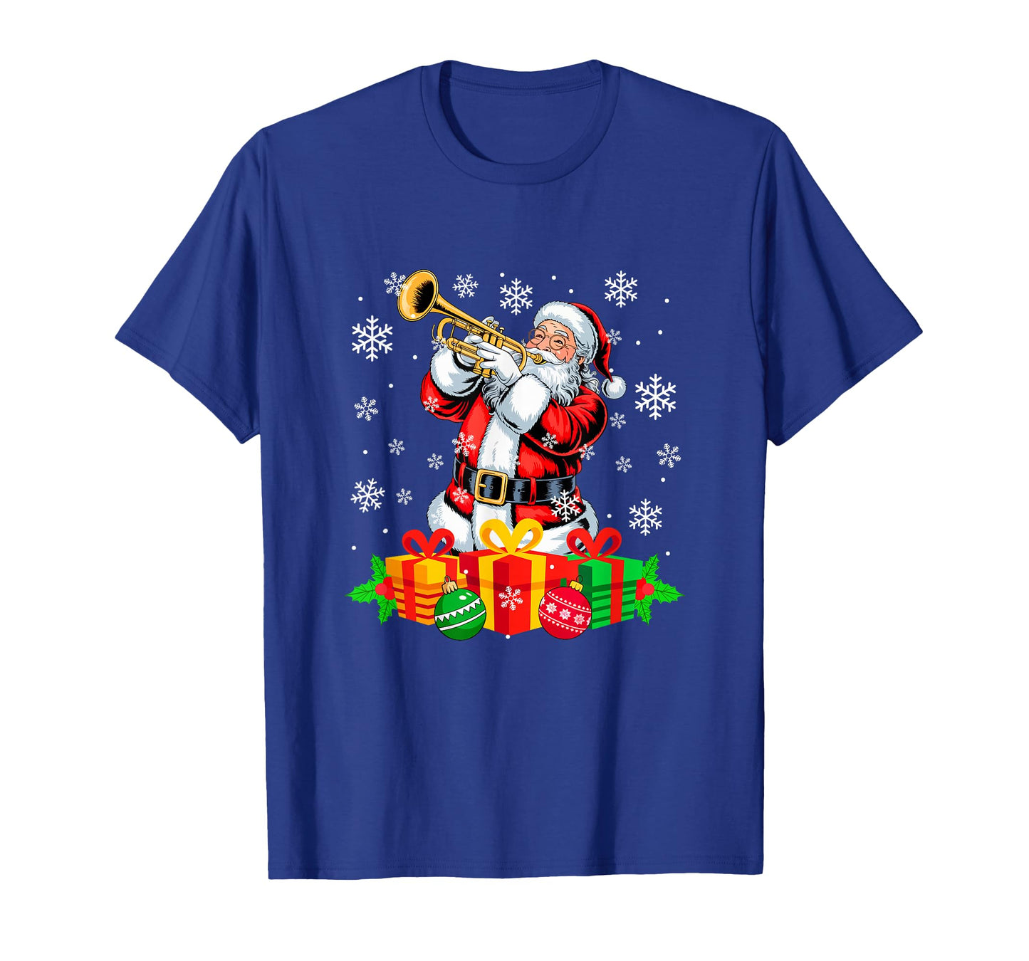 Santa Playing Trumpet Instrument Colorful Christmas Boxes T-Shirt