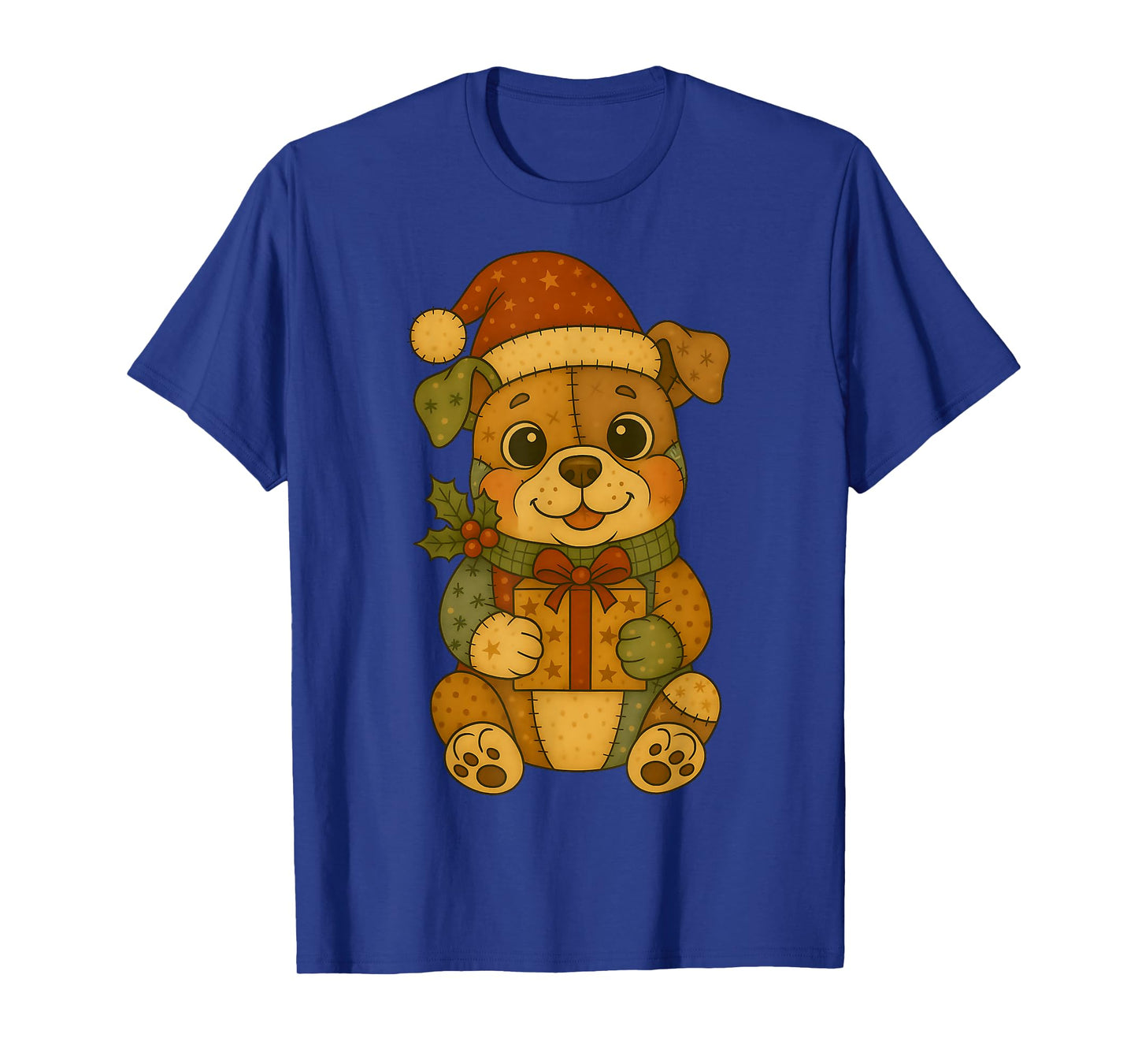 Patchwork Bulldog Dog in Santa Hat for Christmas T-Shirt