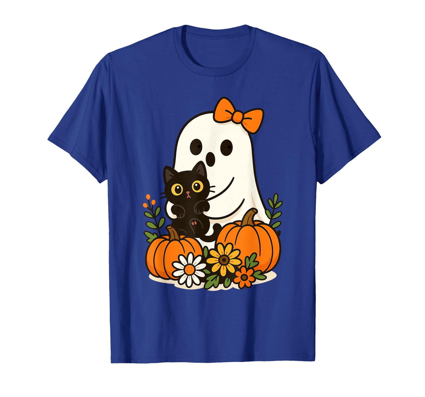 Cute Ghost Holding Black Cat Groovy Floral Halloween T-Shirt