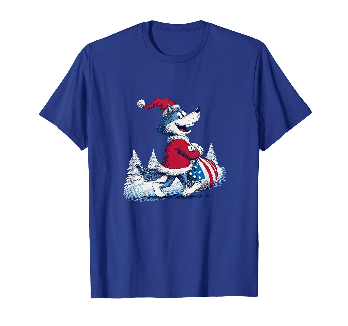 Happy Wolf with Santa Bag for Funny Christmas T-Shirt