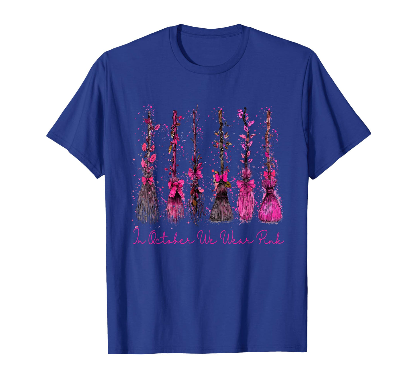 in October We Wear Pink Witch Stick Breast Cancer Awareness T-Shirt