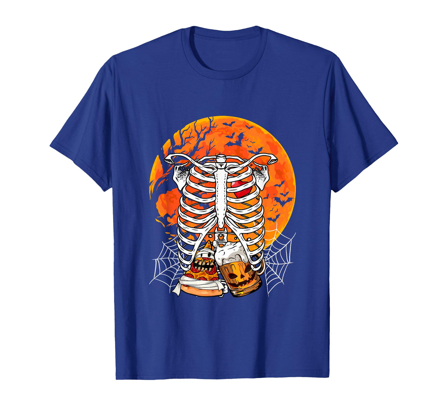 Horror Beer Pizza Inside Rib Cage X-ray Skeleton Halloween T-Shirt