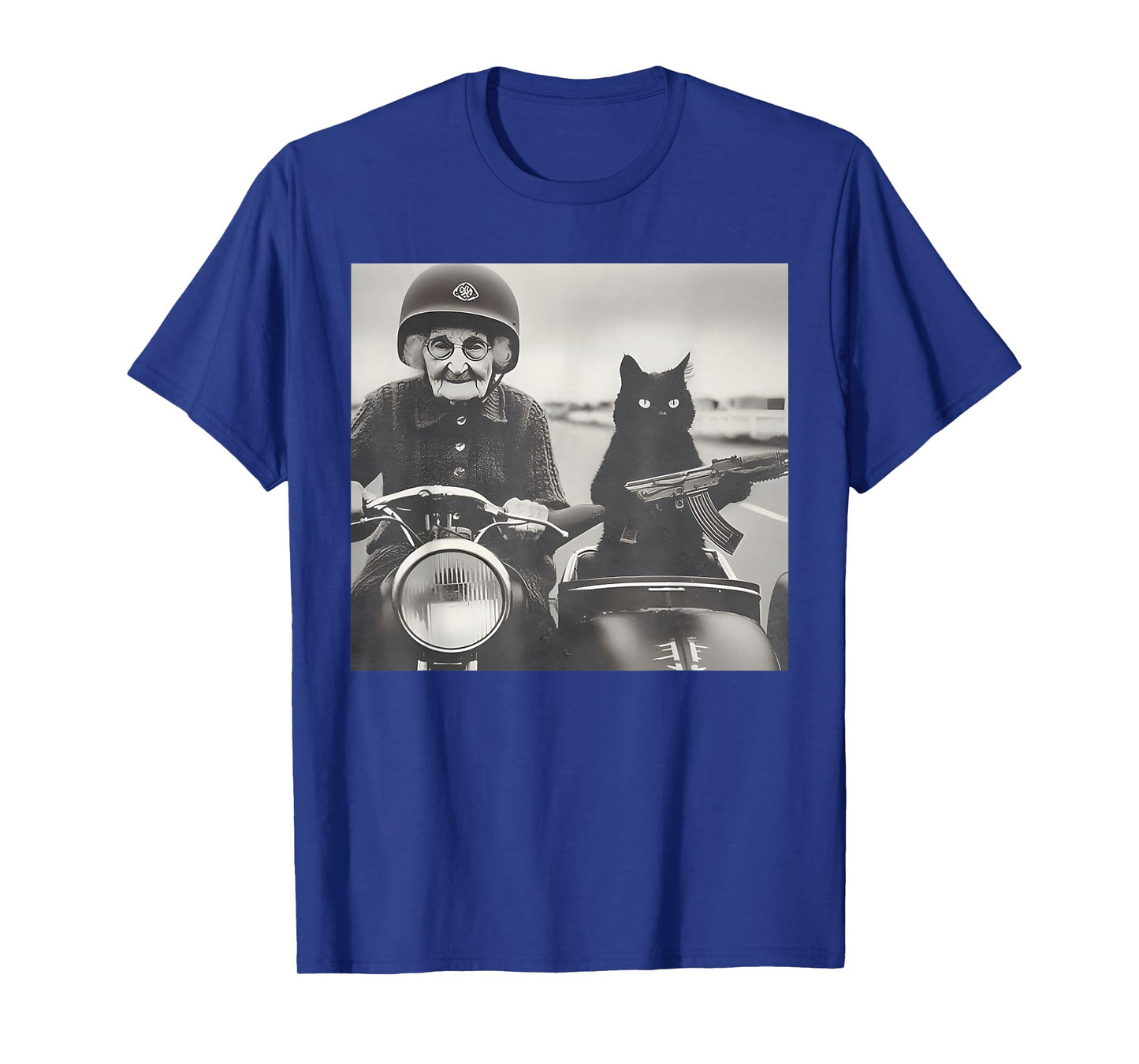 Granny And Her Armed Cat Riding Vintage Motorcycle T-Shirt