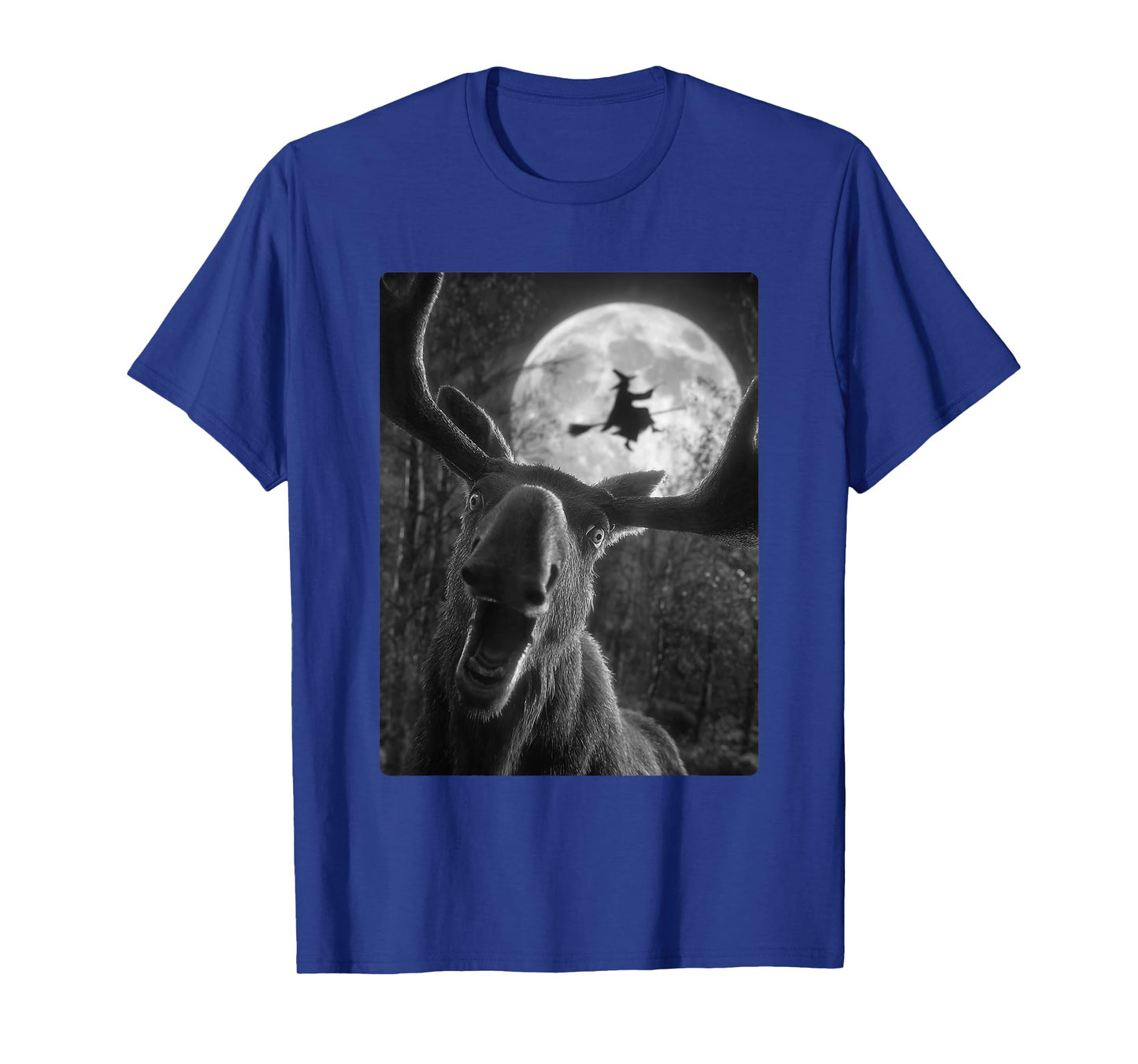 Funny Moose Selfie Full Moon Flying Witch Forest Halloween T-Shirt