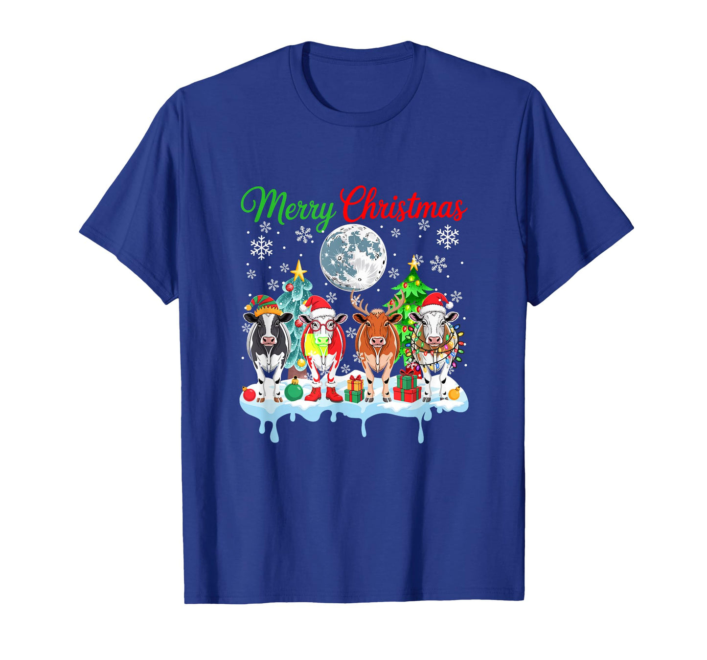 Merry Christmas Snow Group Santa Elf Reindeer Cows Farmer T-Shirt