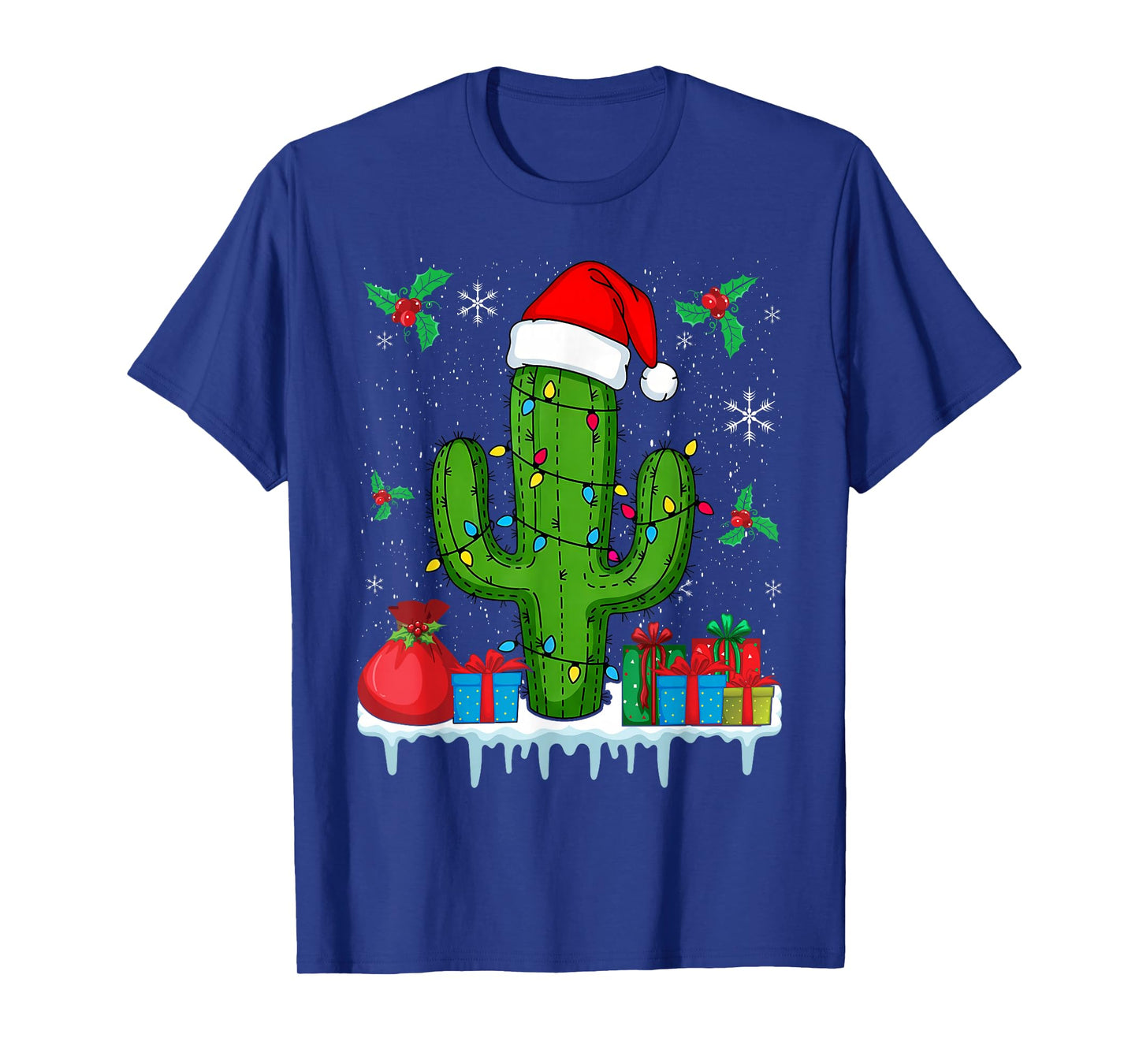 Funny Cactus Rocking Christmas with Santa Hat and Lights T-Shirt