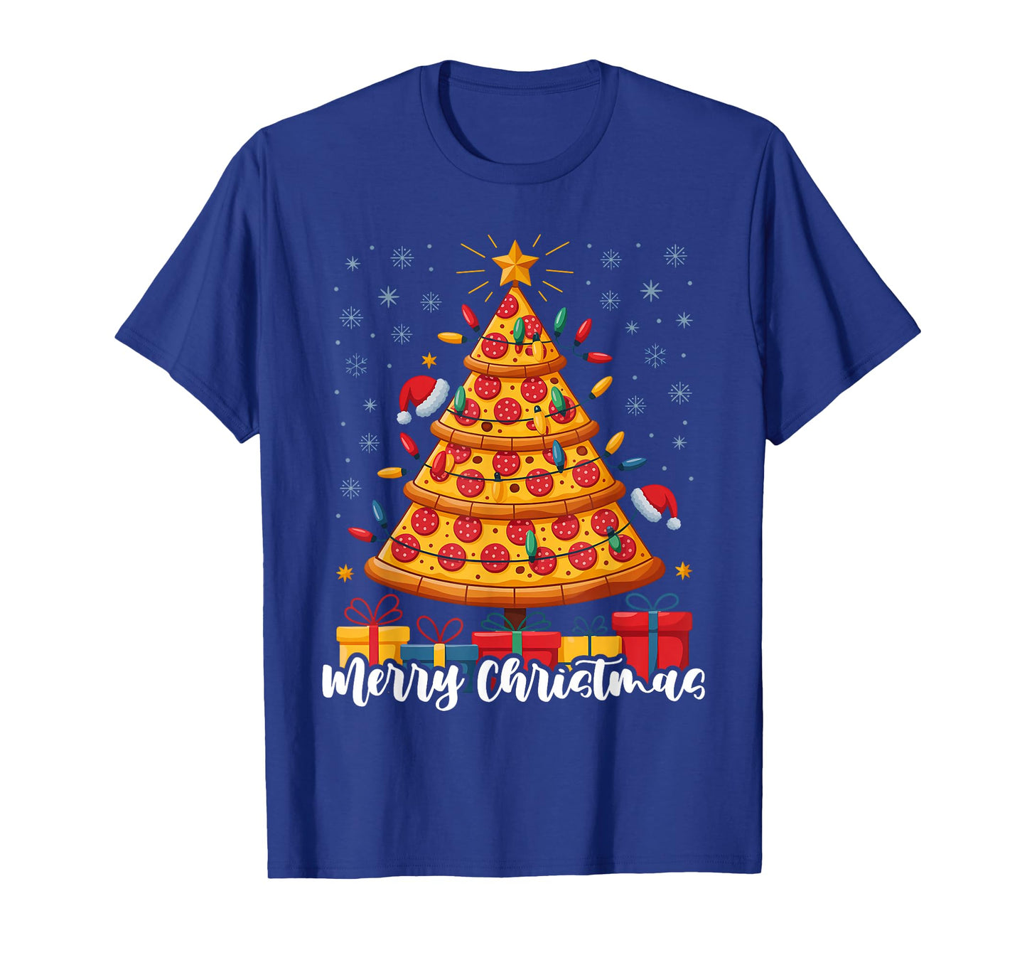 Merry Funny Christmas Tree Lights Santa Pizza Food T-Shirt