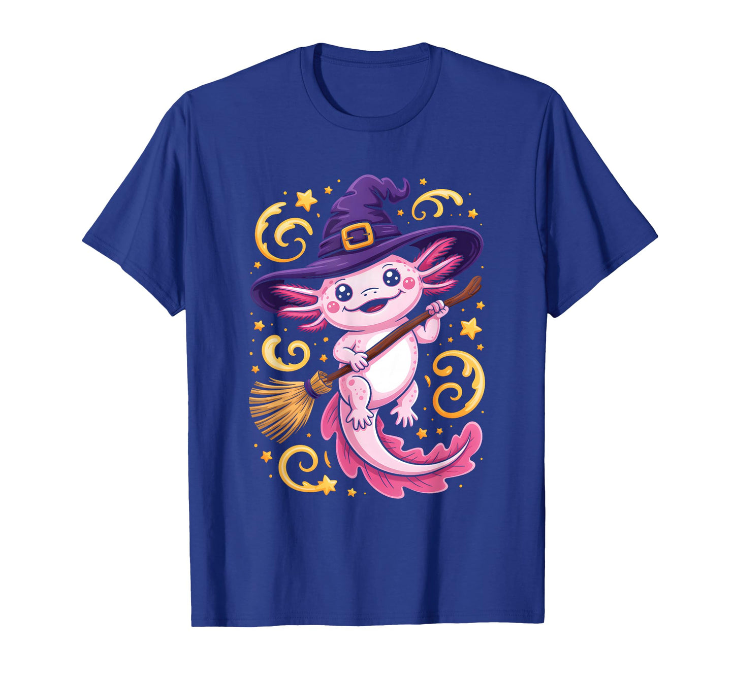 Pink Axolotl Witch Riding Broomstick Stars Swirls Halloween T-Shirt