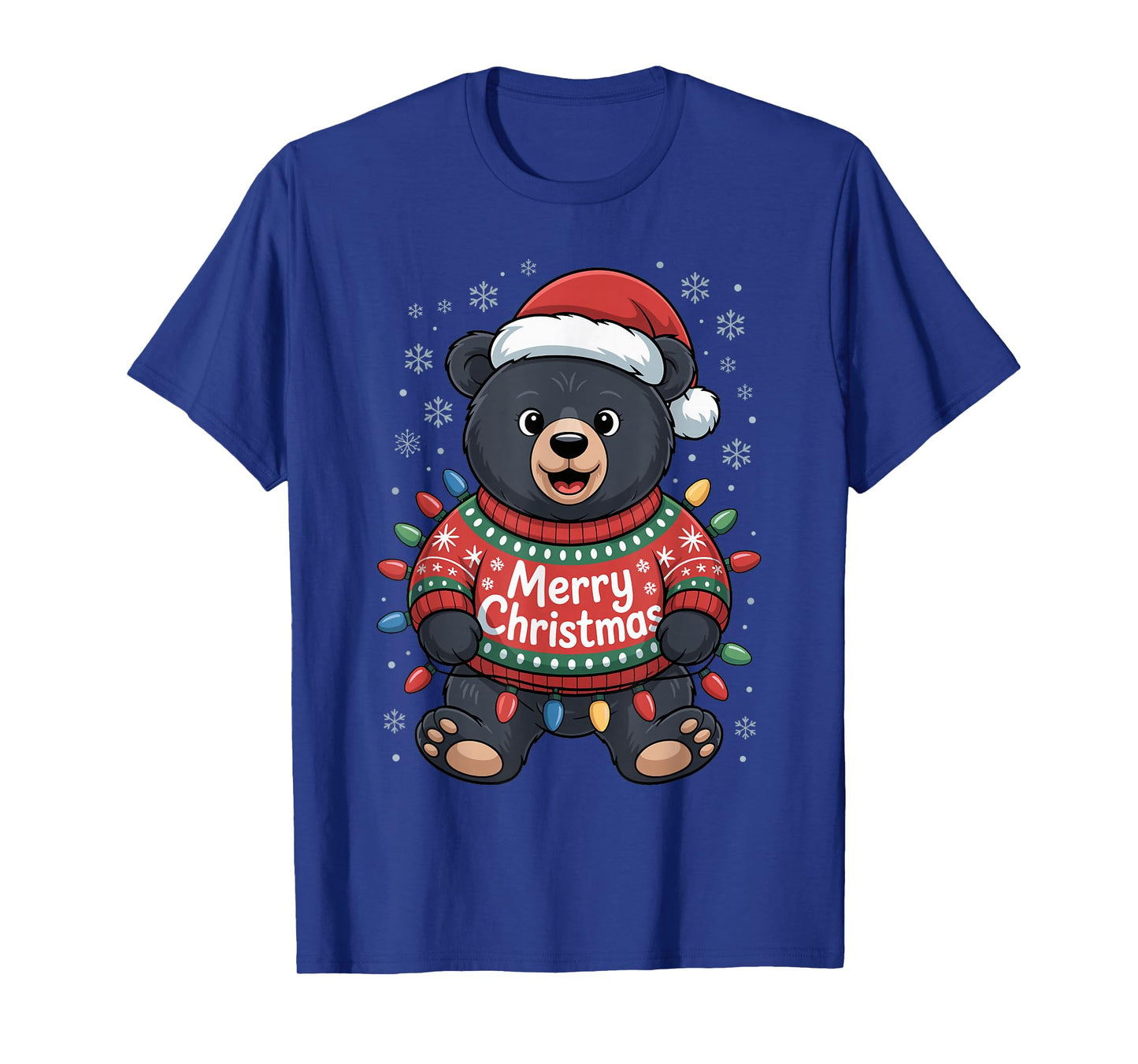 Merry Black Bear Christmas Humor Santa Hat Light Party Funny T-Shirt