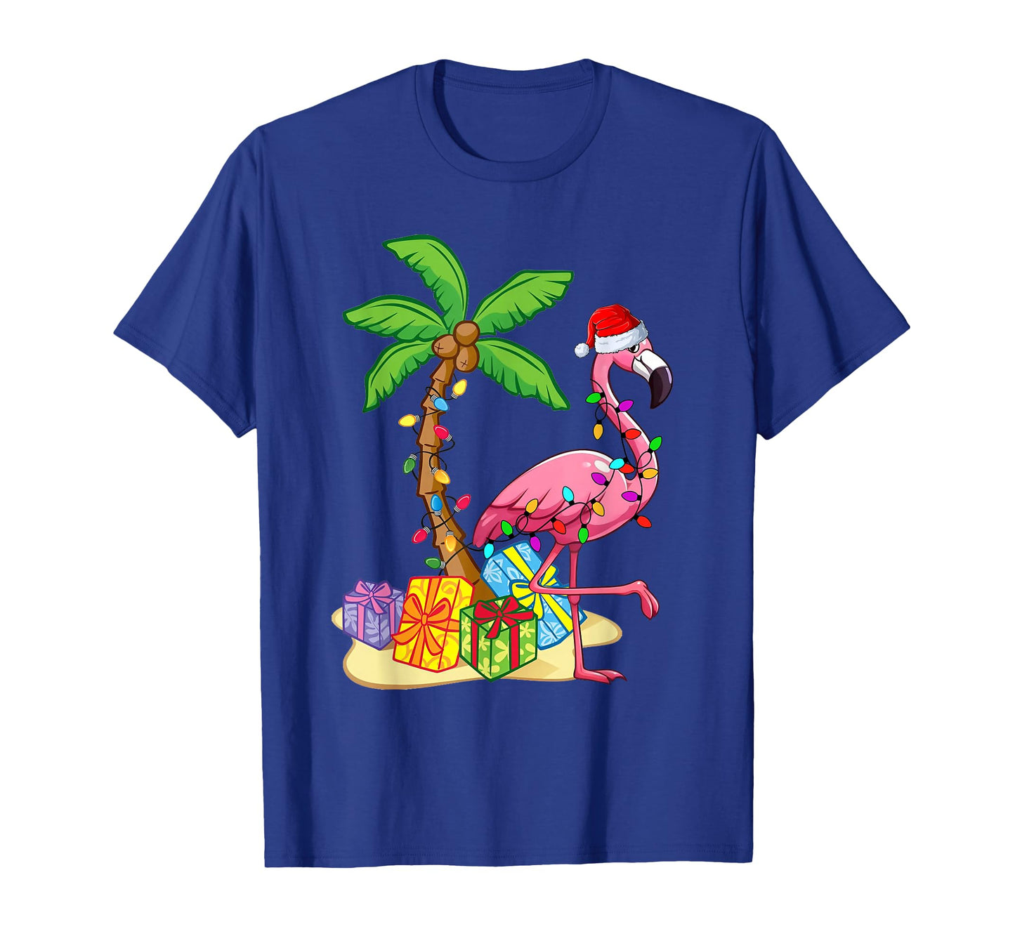 Flamingo Santa Hat Palm Tree Merry Christmas Lights T-Shirt