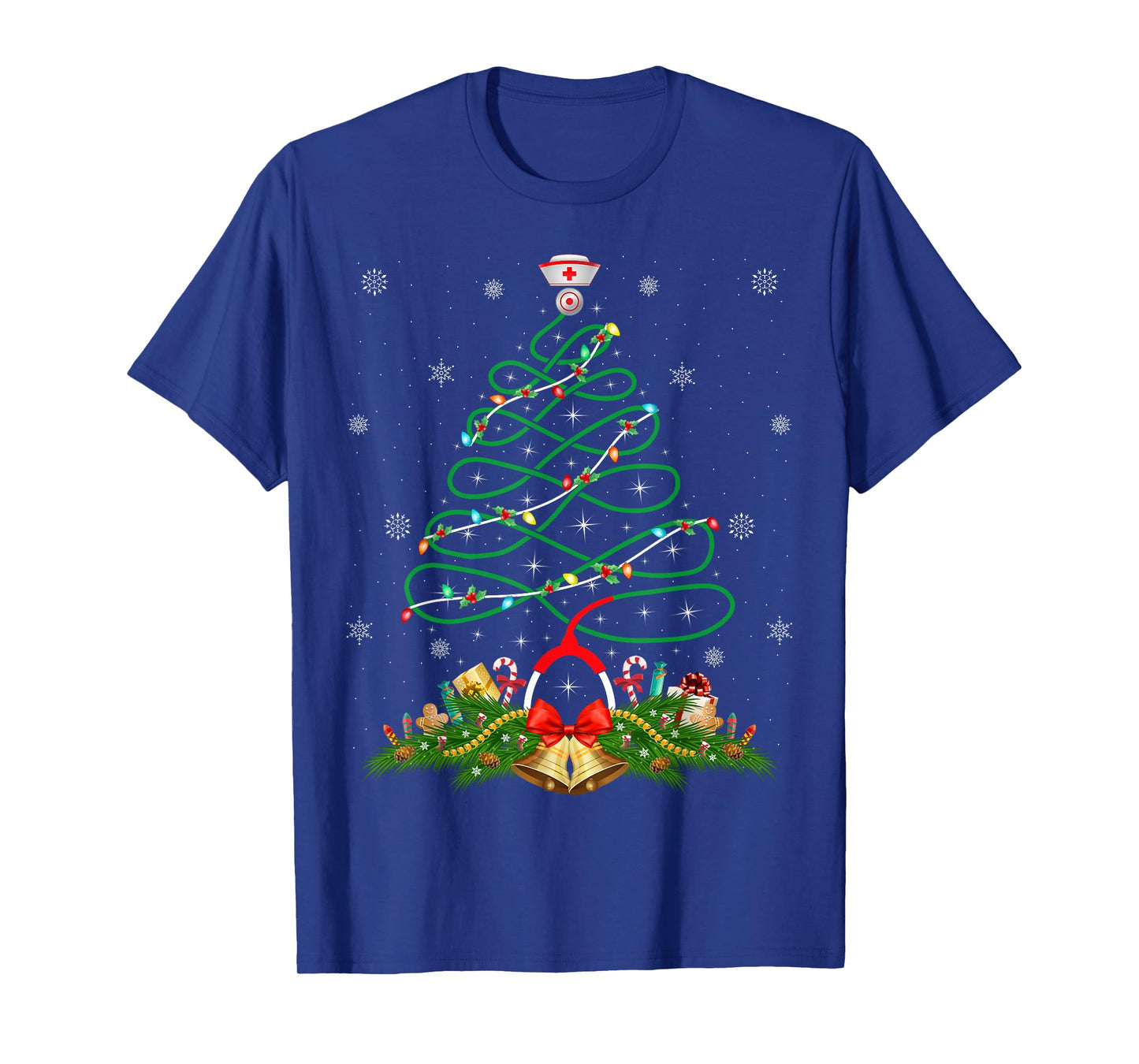 Nurse Christmas Scrub Tops Nursing Stethoscope Xmas Tree T-Shirt