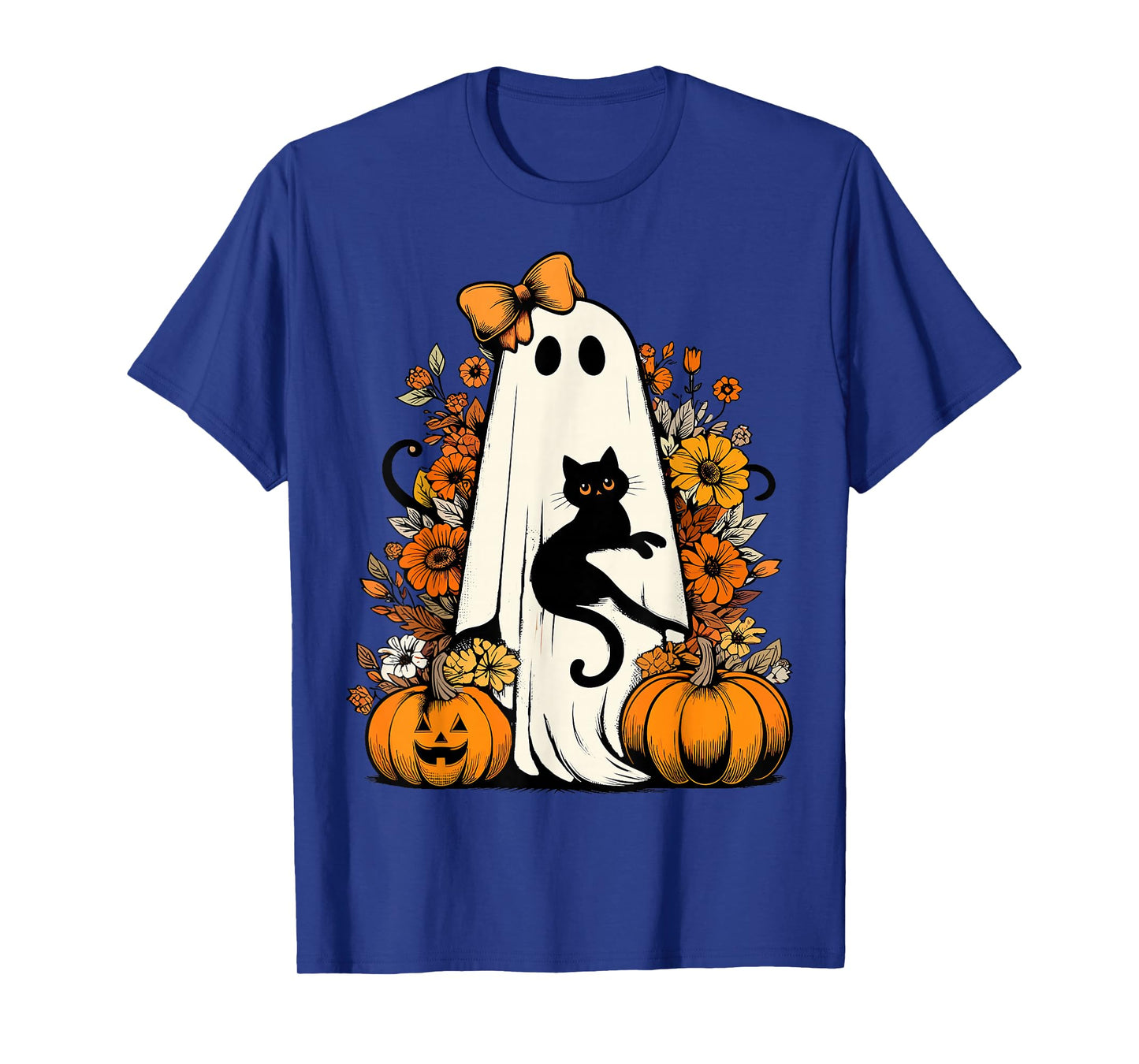 Retro Halloween Ghost Holding Black Cat Floral Halloween Cat T-Shirt